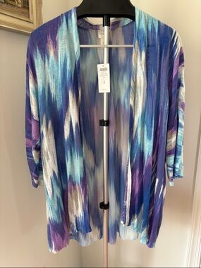 CHICO's blue Jeanette Zig Zag linen blend open cardigan sweater Sz 3 women's XL